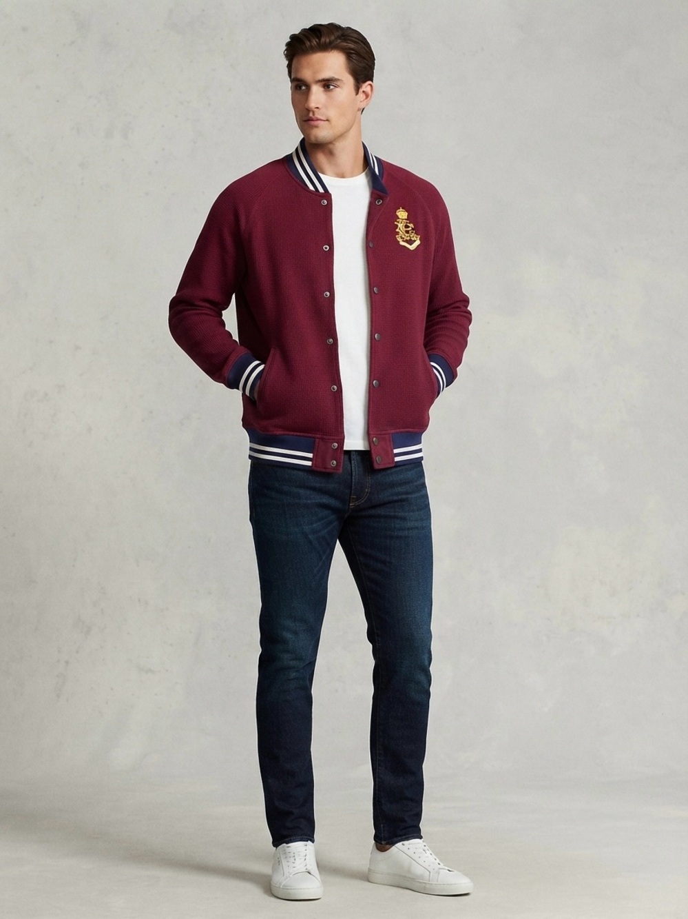 Polo Ralph Lauren Varsity Jacket Men’s XXL Burgundy Blue Snap Front Logo Bomber